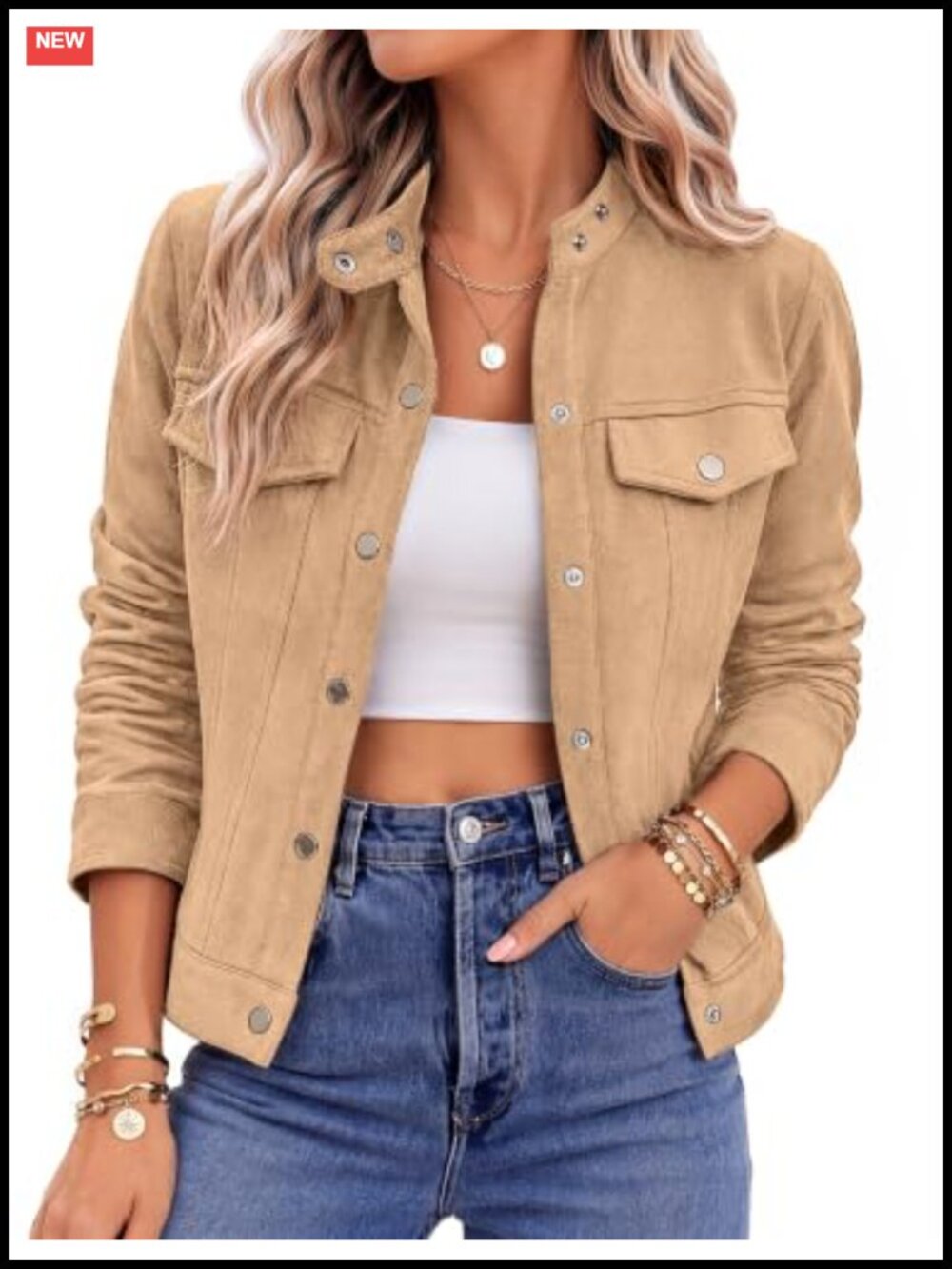 Faux Suede Cropped Jacket Snap Button Lapel Casual Shacket